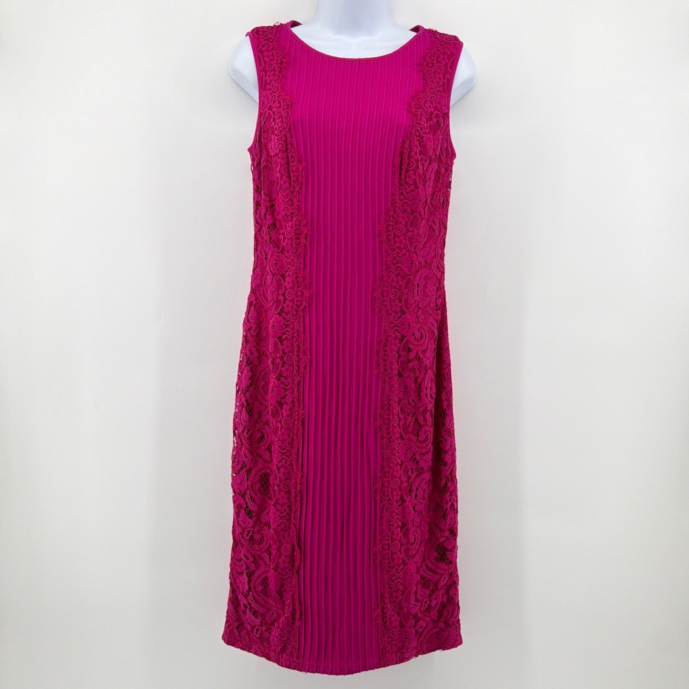 Tadashi Shoji Magenta Pink Pleated Lace Panel Sheath Cocktail Dress Medium M - Picture 2 of 9